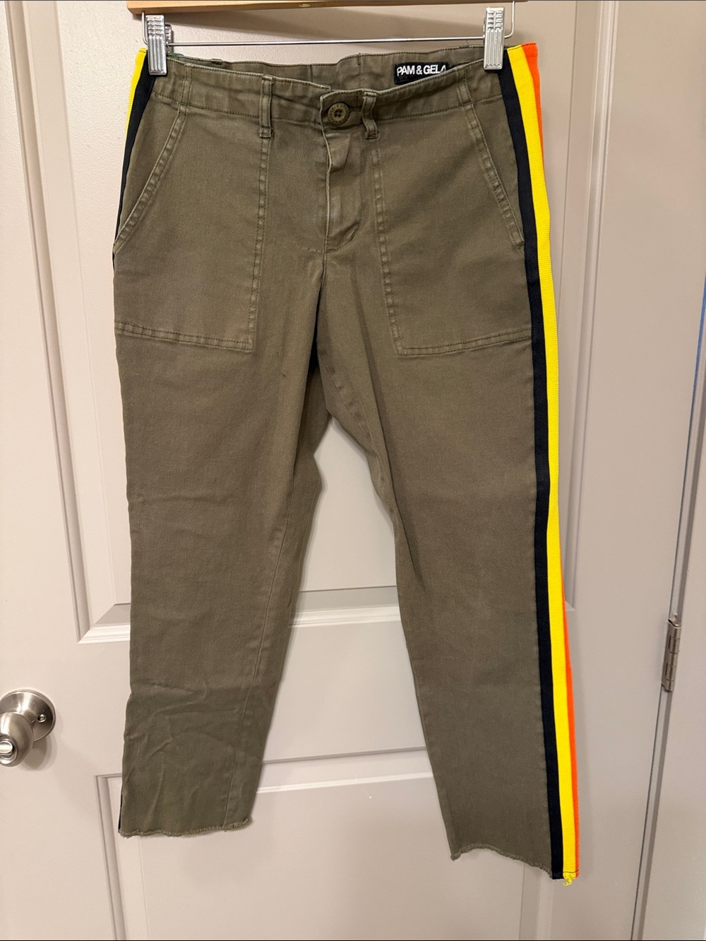 Pam & Gela Olive Ankle Chinos with Yellow, Orange & Black Side Stripes